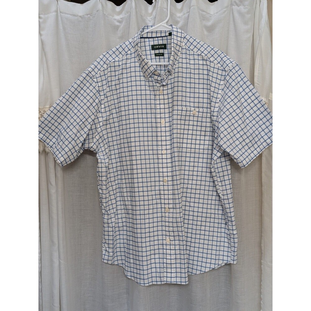 Orvis Men's XL Classic Fit Blue/White Plaid Button Up Short Sleeve Shirt